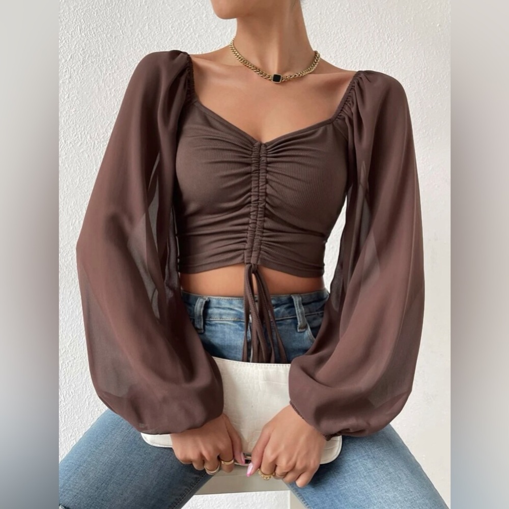 Brown Rushed Long Sleeved Drawstring Crop Top